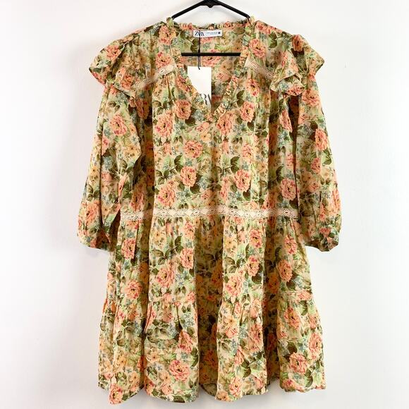NWT Zara Floral Print V-Neck Ruffle Sleeve Babydoll Mini Dress Size Medium - Picture 8 of 11